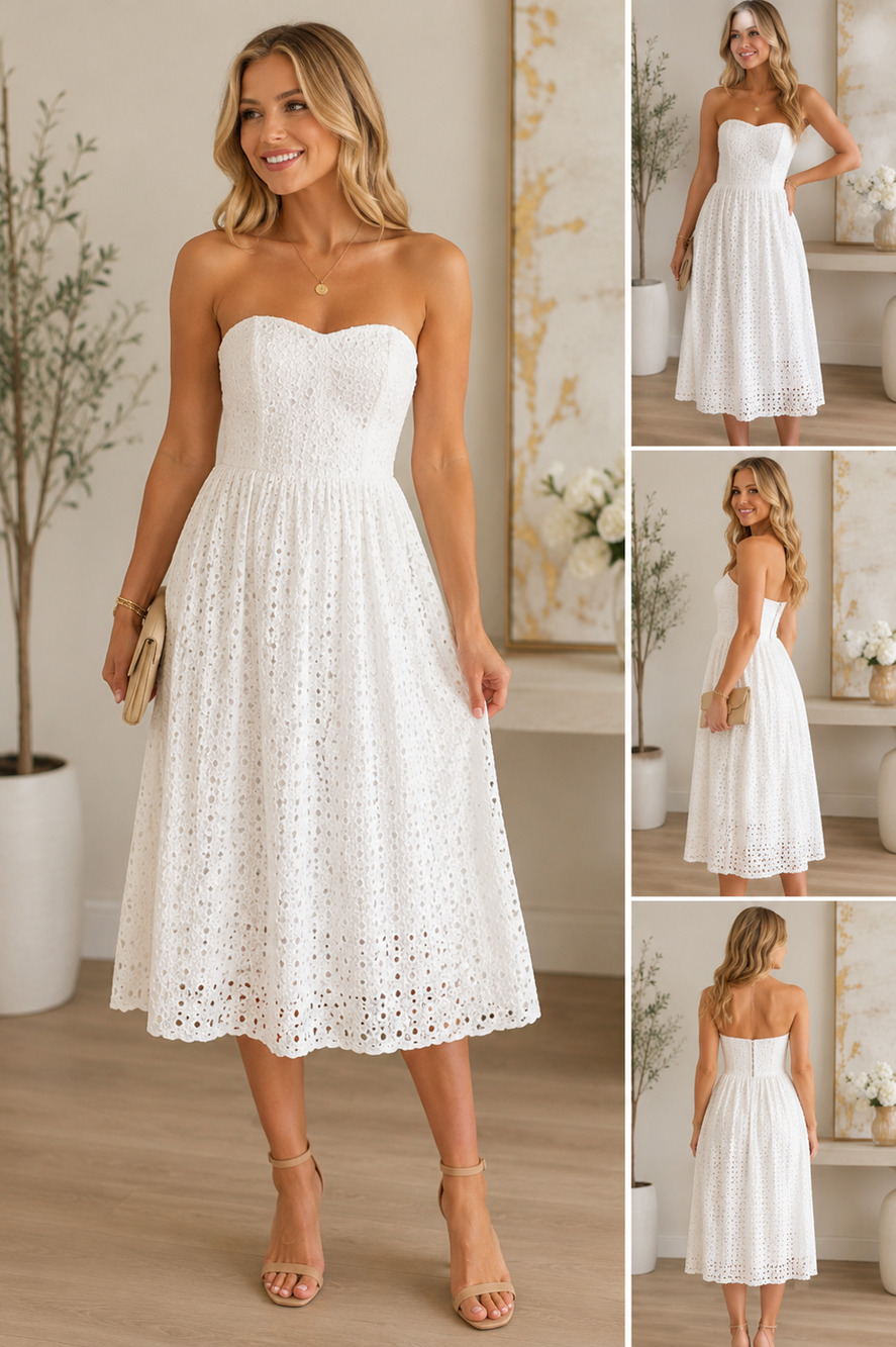 Cynthia Steffe White Eyelet Strapless Midi Dress Size 6 Cotton Bridal Summer